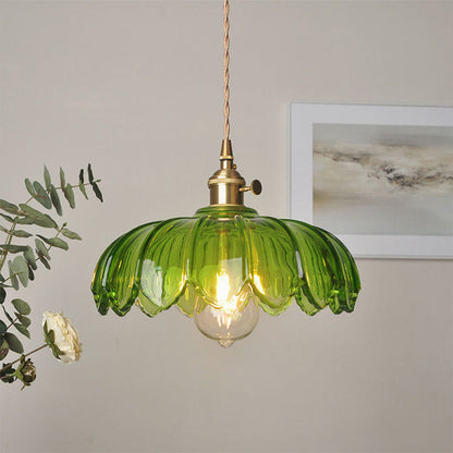 Vintage Flower Glass Pendant Light, Scalloped Glass Hanging Lamp with Brass Socket for Kitchen and Dining Room
