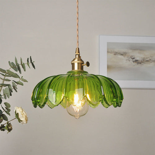 Vintage Flower Glass Pendant Light, Scalloped Glass Hanging Lamp with Brass Socket for Kitchen and Dining Room