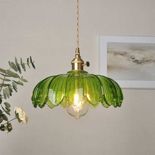 Vintage Flower Glass Pendant Light, Scalloped Glass Hanging Lamp with Brass Socket for Kitchen and Dining Room