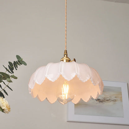 Vintage Flower Glass Pendant Light, Scalloped Glass Hanging Lamp with Brass Socket for Kitchen and Dining Room