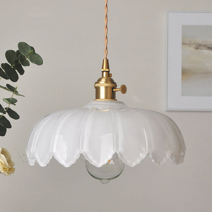 Vintage Flower Glass Pendant Light, Scalloped Glass Hanging Lamp with Brass Socket for Kitchen and Dining Room