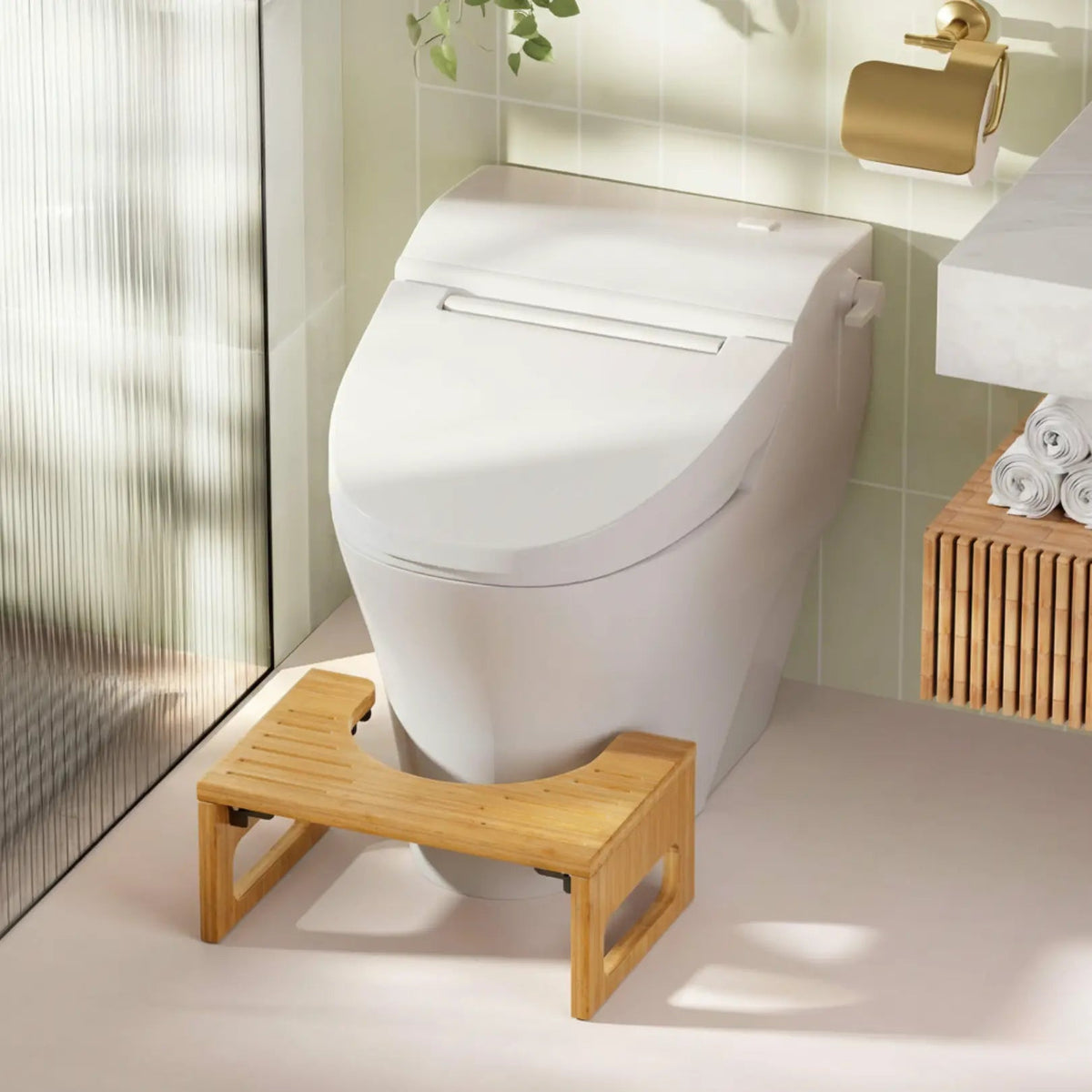 Bamboo Toilet Stool, Foldable 7 in Bathroom Footstool with Non Slip Pads, No Assembly Needed
