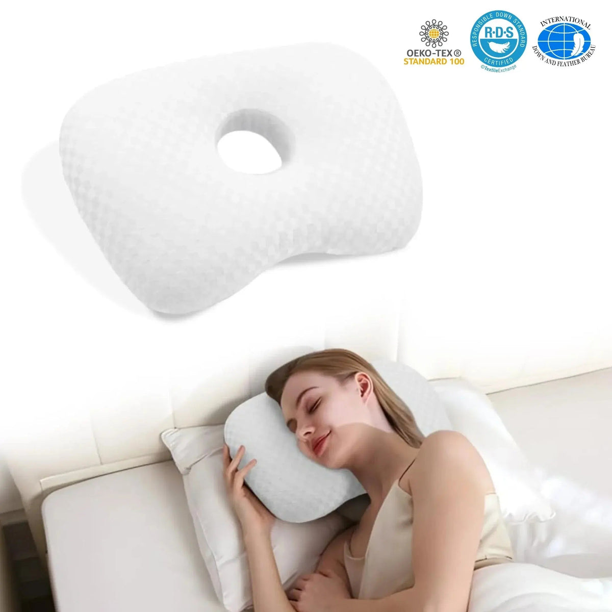 Adjustable Ear Support Pillow with Center Hole, Curved Cotton Pillow Topper, 17 x 13 in
