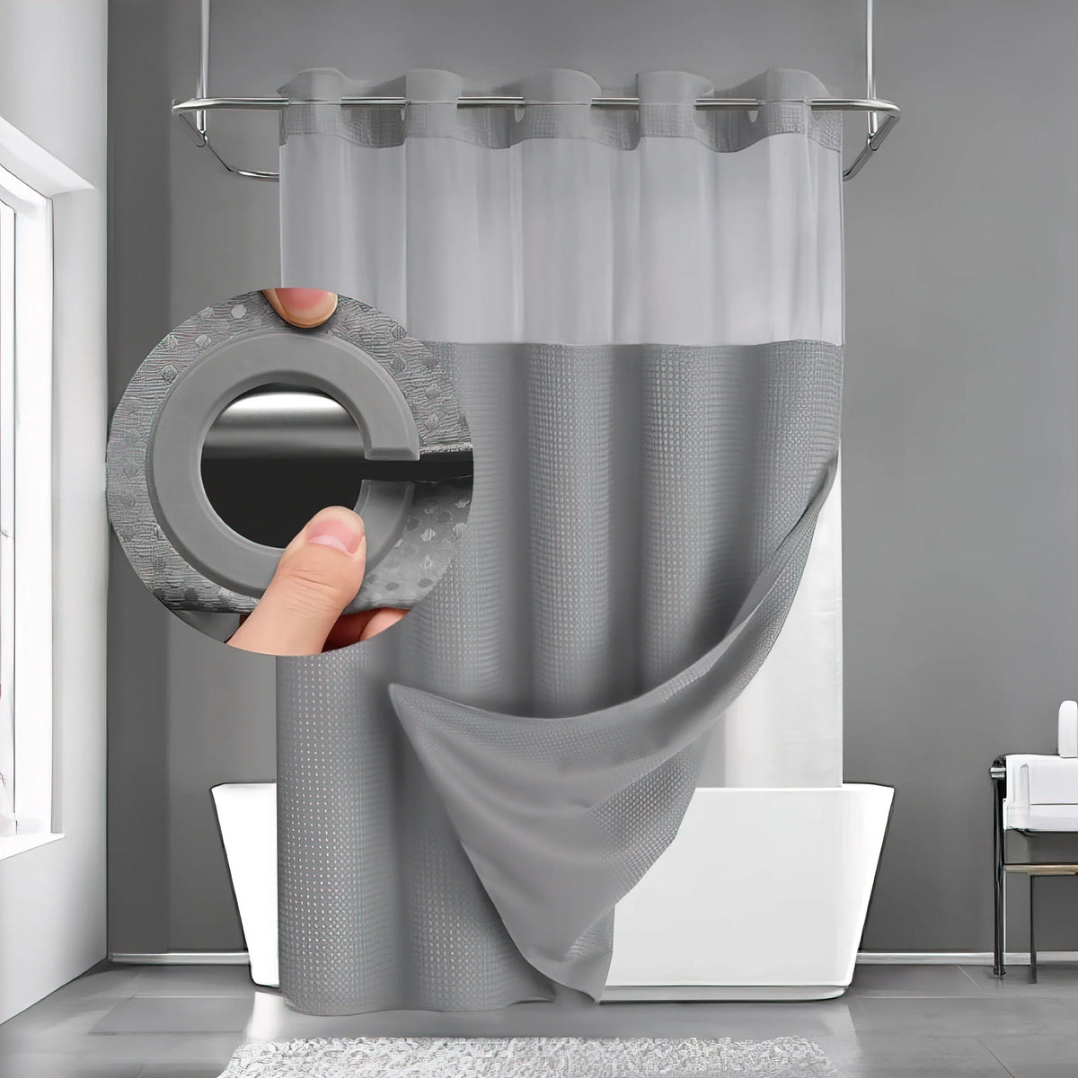 No Hook Waffle Weave Shower Curtain with Snap In Liner, 71 x 74 in Polyester Bathroom Curtain