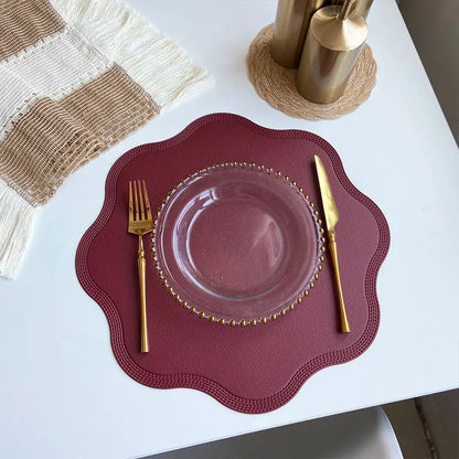 Round Faux Leather Placemats with Scalloped Flower Edge, Set of 4 or 6 Waterproof Table Mats, 15 Inch