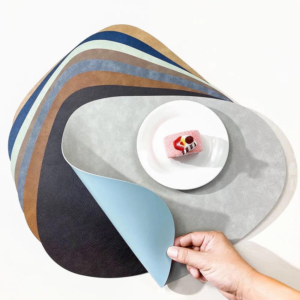 Double Sided Faux Leather Placemats, Set of 4 or 6 Waterproof Heat Resistant Table Mats, Nordic Droplet Shape