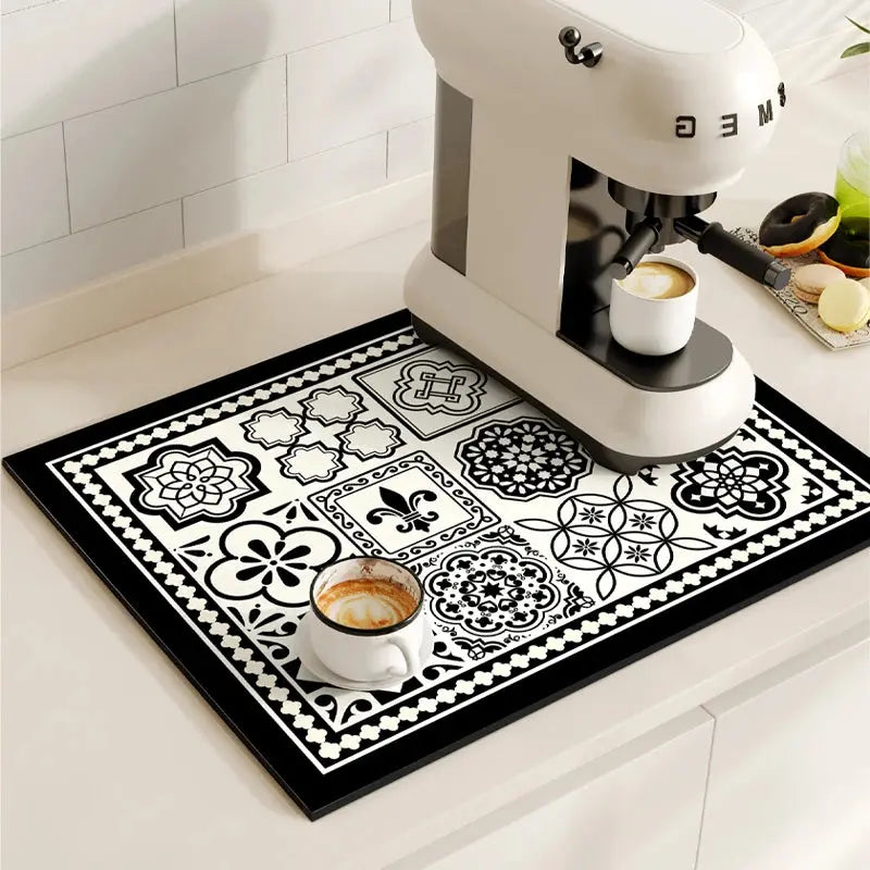 Absorbent Coffee Bar Mat, Quick Dry Dish Drying Pad for Kitchen Counter, Non Slip Retro Design