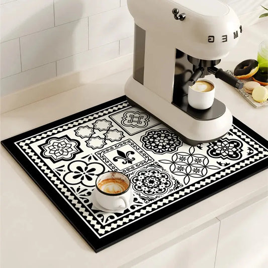 Absorbent Coffee Bar Mat, Quick Dry Dish Drying Pad for Kitchen Counter, Non Slip Retro Design