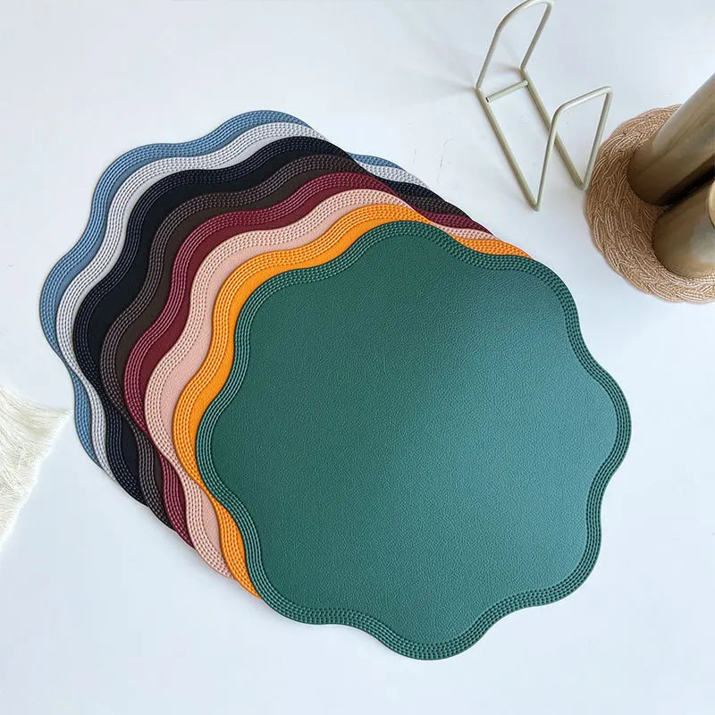 Round Faux Leather Placemats with Scalloped Flower Edge, Set of 4 or 6 Waterproof Table Mats, 15 Inch