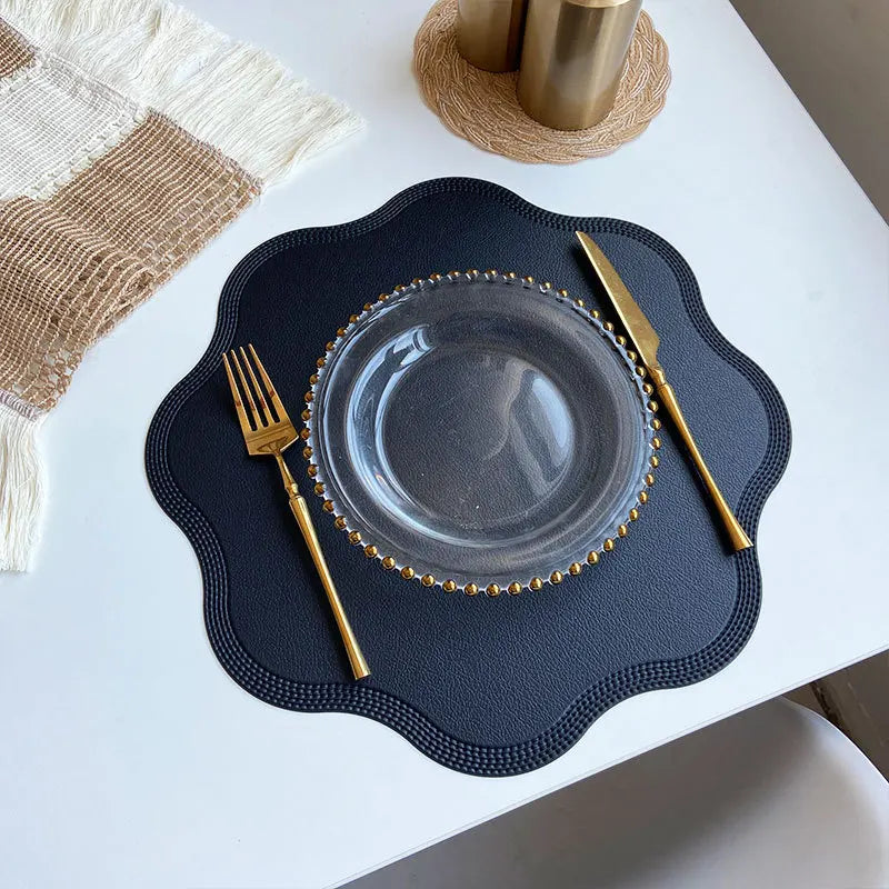 Round Faux Leather Placemats with Scalloped Flower Edge, Set of 4 or 6 Waterproof Table Mats, 15 Inch