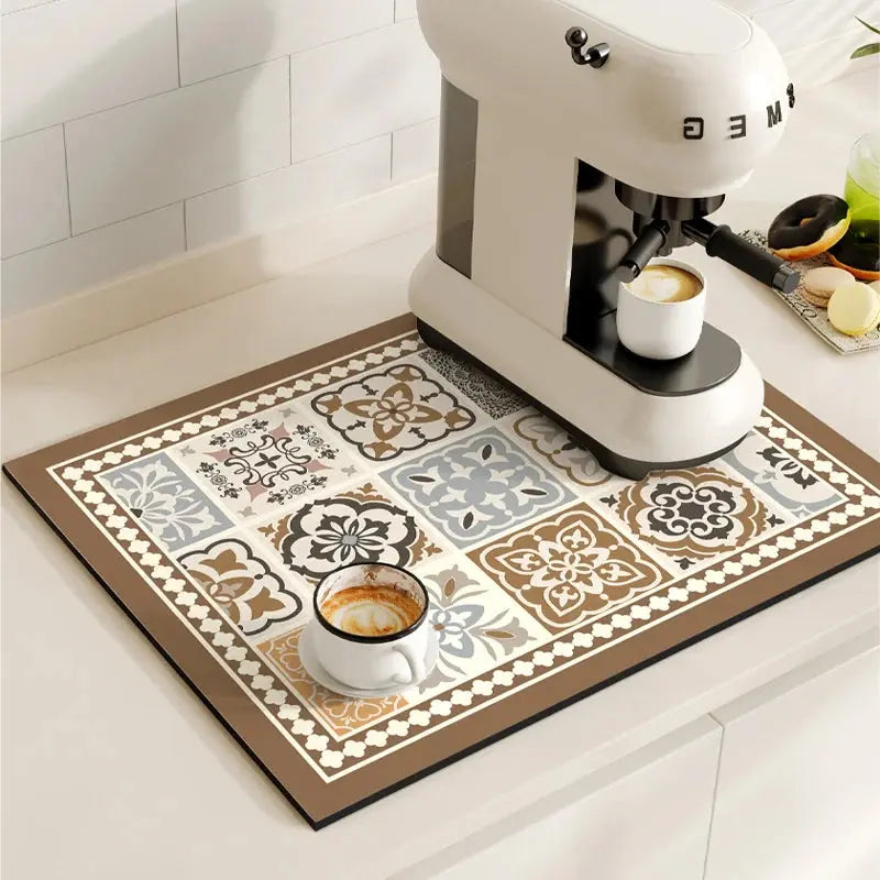 Absorbent Coffee Bar Mat, Quick Dry Dish Drying Pad for Kitchen Counter, Non Slip Retro Design