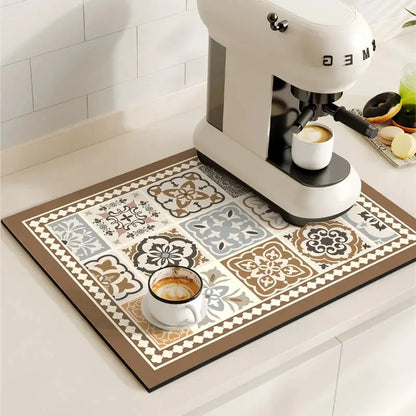 Absorbent Coffee Bar Mat, Quick Dry Dish Drying Pad for Kitchen Counter, Non Slip Retro Design