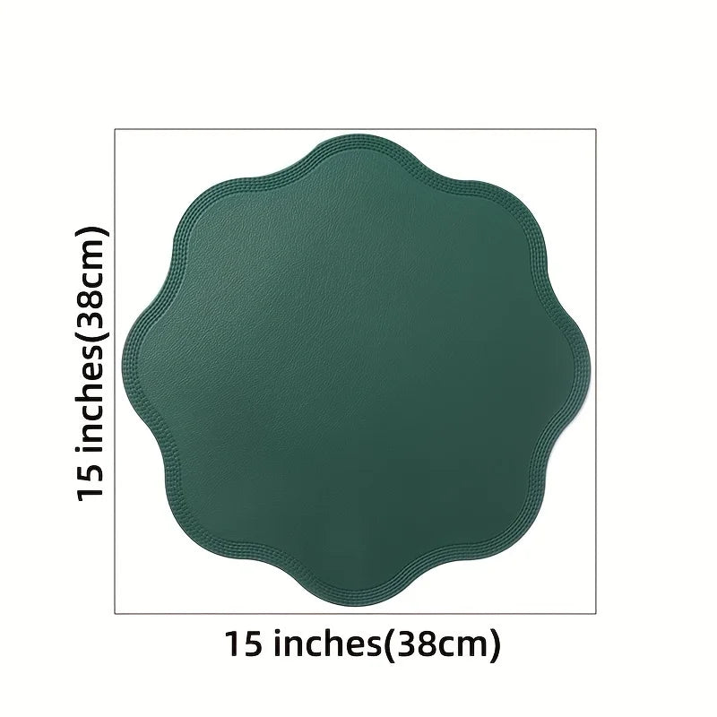 Round Faux Leather Placemats with Scalloped Flower Edge, Set of 4 or 6 Waterproof Table Mats, 15 Inch