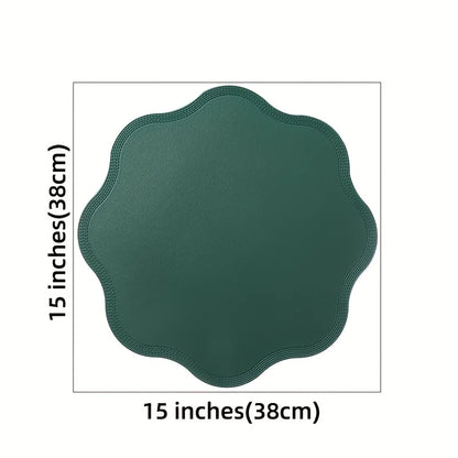 Round Faux Leather Placemats with Scalloped Flower Edge, Set of 4 or 6 Waterproof Table Mats, 15 Inch