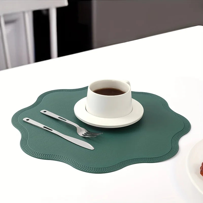 Round Faux Leather Placemats with Scalloped Flower Edge, Set of 4 or 6 Waterproof Table Mats, 15 Inch