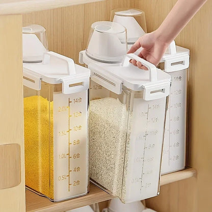 2.5L Airtight Grain Storage Container with Measuring Cup, Rice, Cereal and Flour Dispenser with Handle