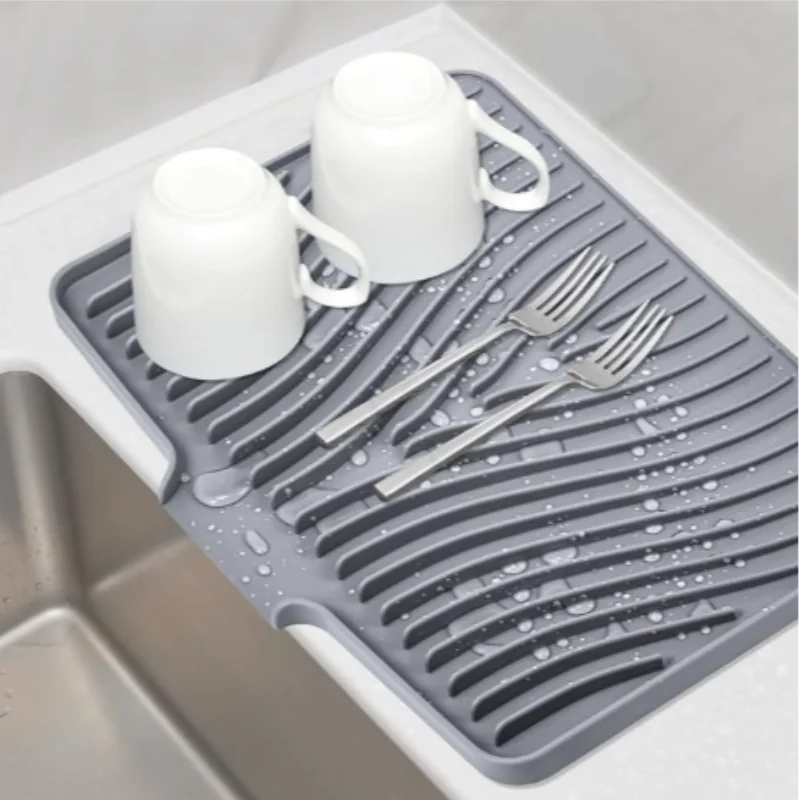 Silicone Dish Drying Mat with Built In Drain, Heat Resistant Countertop Drain Pad for Kitchen Sink