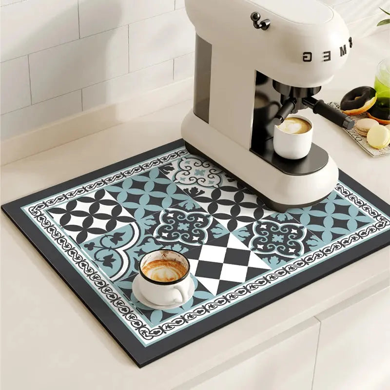 Absorbent Coffee Bar Mat, Quick Dry Dish Drying Pad for Kitchen Counter, Non Slip Retro Design