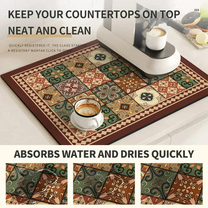 Absorbent Coffee Bar Mat, Quick Dry Dish Drying Pad for Kitchen Counter, Non Slip Retro Design