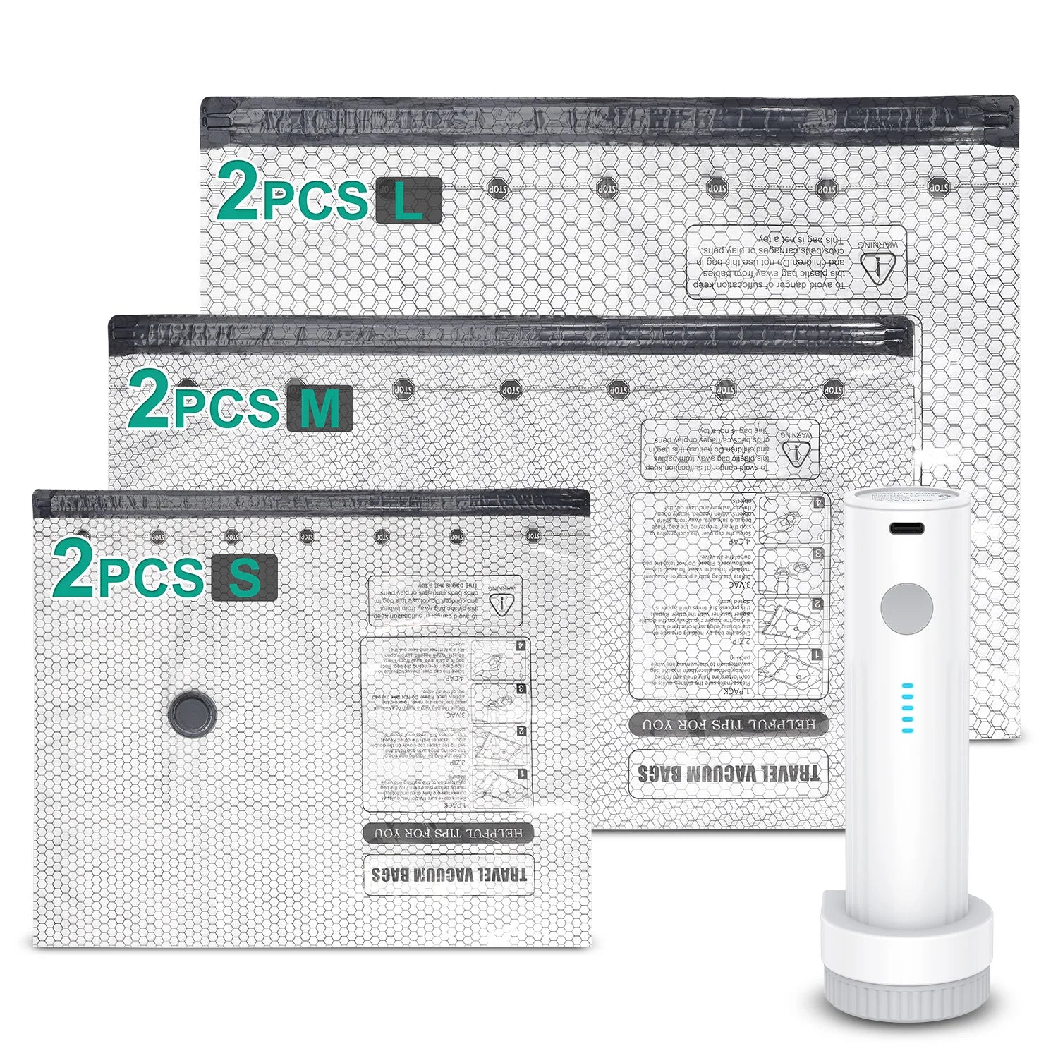 6Pcs Vacuum Storage Bags with Electric Air Pump Reusable Space Saver Bags One-Click Auto Vacuum Sealer Bags for Clothes Bedding