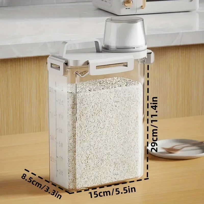 2.5L Airtight Grain Storage Container with Measuring Cup, Rice, Cereal and Flour Dispenser with Handle