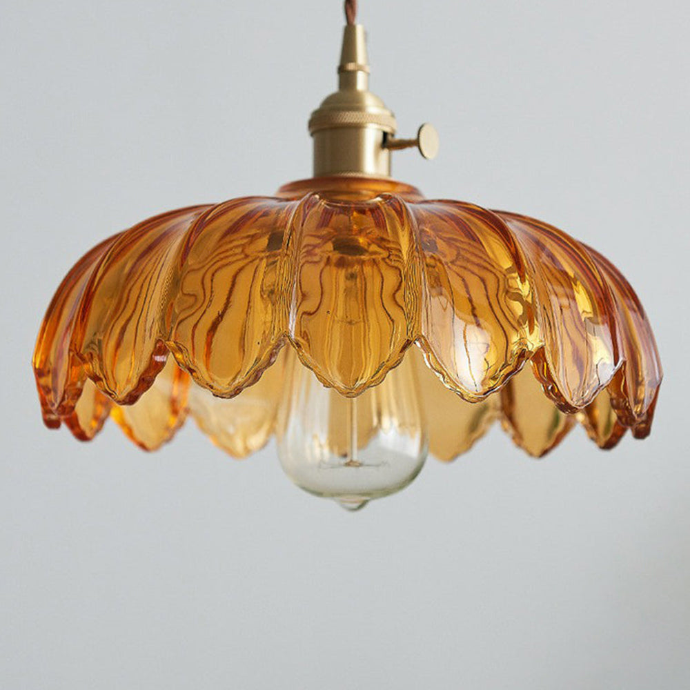 Vintage Flower Glass Pendant Light, Scalloped Glass Hanging Lamp with Brass Socket for Kitchen and Dining Room