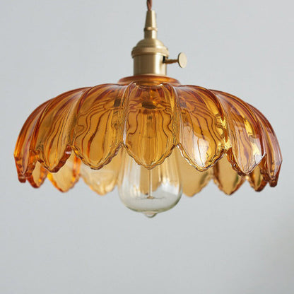 Vintage Flower Glass Pendant Light, Scalloped Glass Hanging Lamp with Brass Socket for Kitchen and Dining Room
