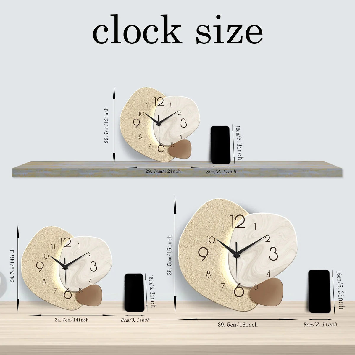 Modern Silent Wall Clock, Minimalist Pebble Design Non Ticking Quartz Clock for Living Room, Bedroom and Office