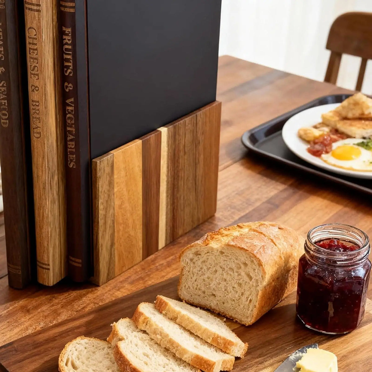3 Piece Wood Cutting Board Set with Stand, Thick Bamboo Chopping Boards for Meat and Vegetables