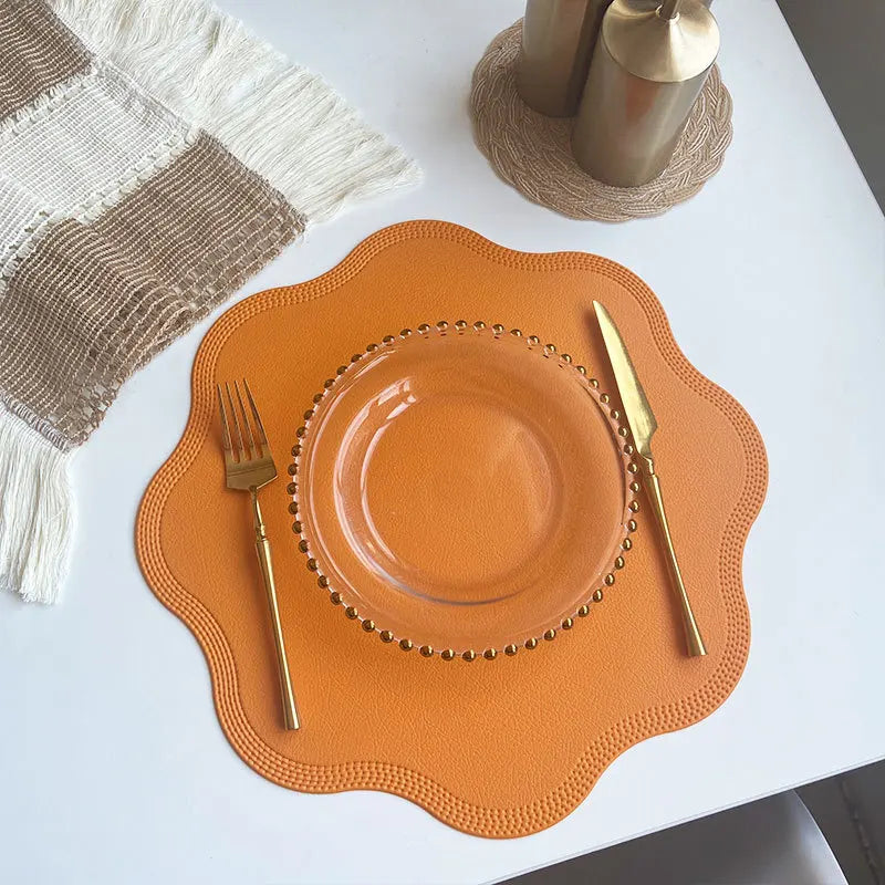 Round Faux Leather Placemats with Scalloped Flower Edge, Set of 4 or 6 Waterproof Table Mats, 15 Inch
