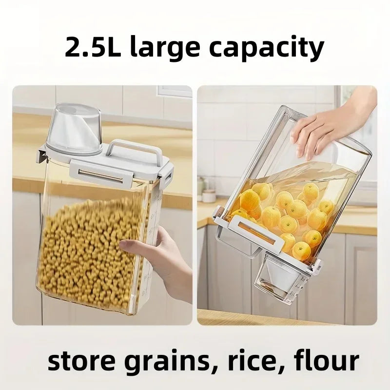 2.5L Airtight Grain Storage Container with Measuring Cup, Rice, Cereal and Flour Dispenser with Handle