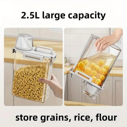 2.5L Airtight Grain Storage Container with Measuring Cup, Rice, Cereal and Flour Dispenser with Handle