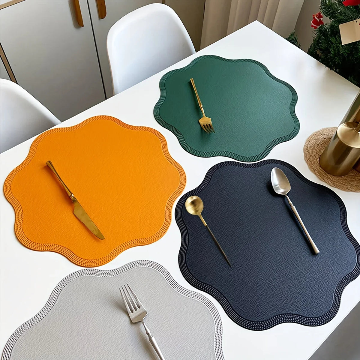 Round Faux Leather Placemats with Scalloped Flower Edge, Set of 4 or 6 Waterproof Table Mats, 15 Inch