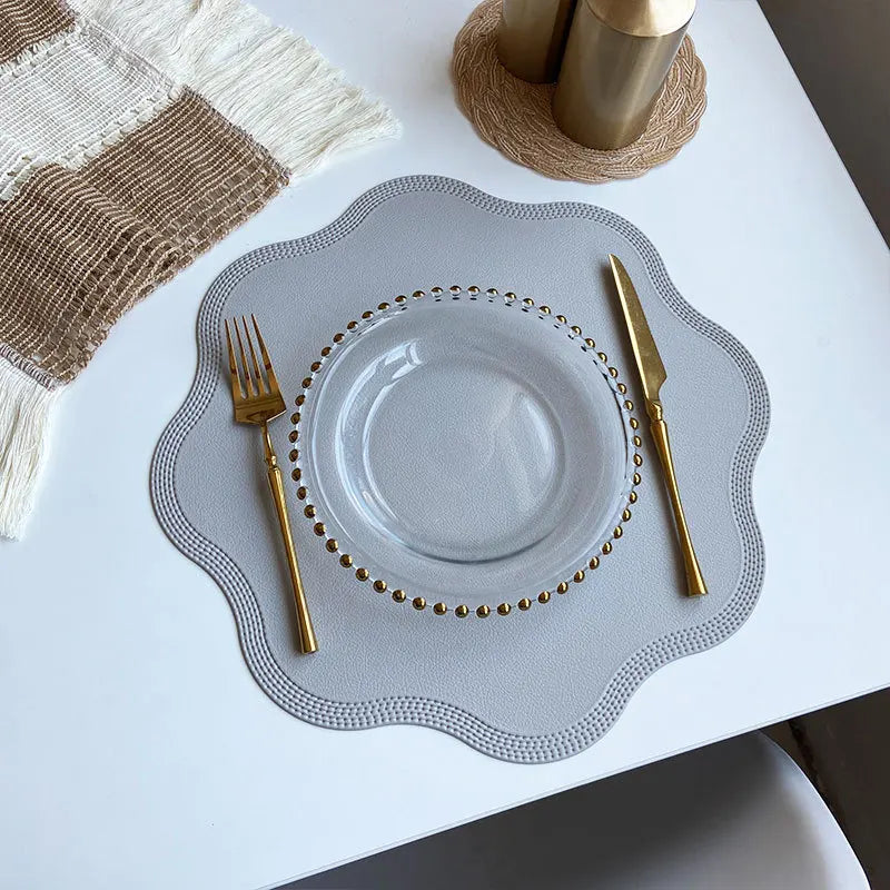 Round Faux Leather Placemats with Scalloped Flower Edge, Set of 4 or 6 Waterproof Table Mats, 15 Inch