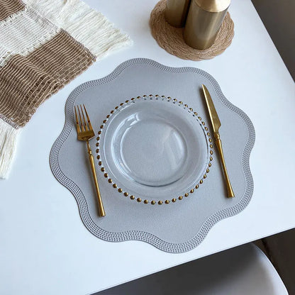 Round Faux Leather Placemats with Scalloped Flower Edge, Set of 4 or 6 Waterproof Table Mats, 15 Inch