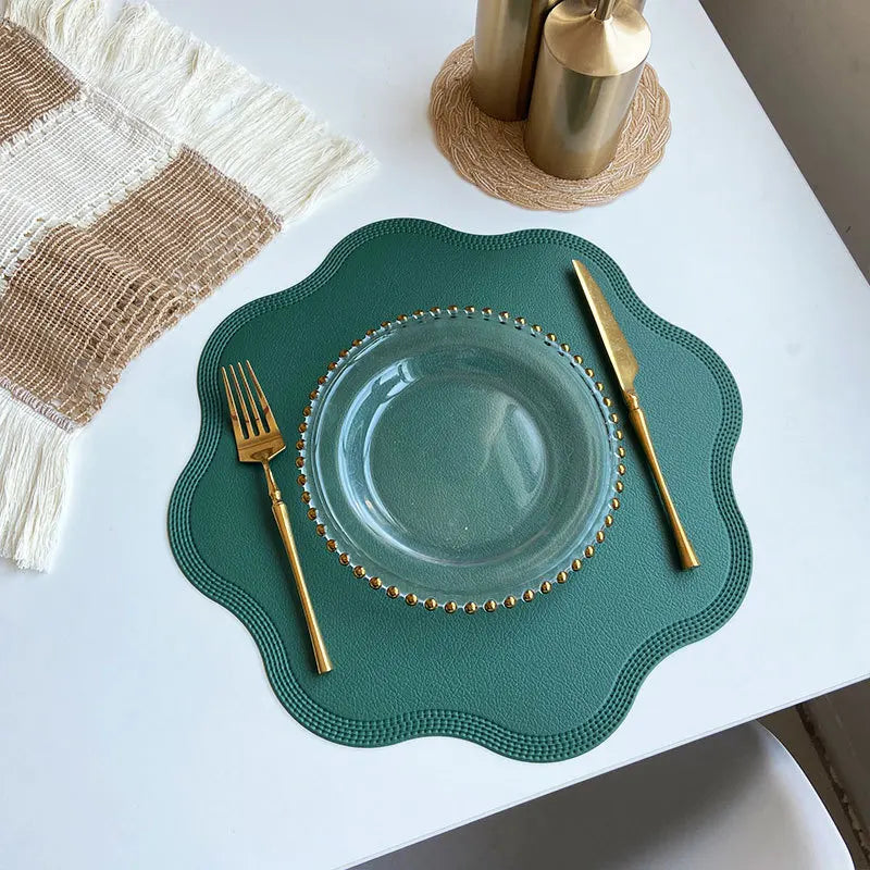 Round Faux Leather Placemats with Scalloped Flower Edge, Set of 4 or 6 Waterproof Table Mats, 15 Inch