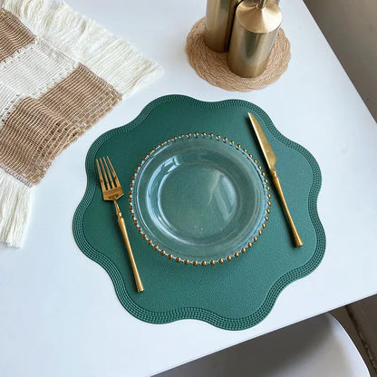 Round Faux Leather Placemats with Scalloped Flower Edge, Set of 4 or 6 Waterproof Table Mats, 15 Inch