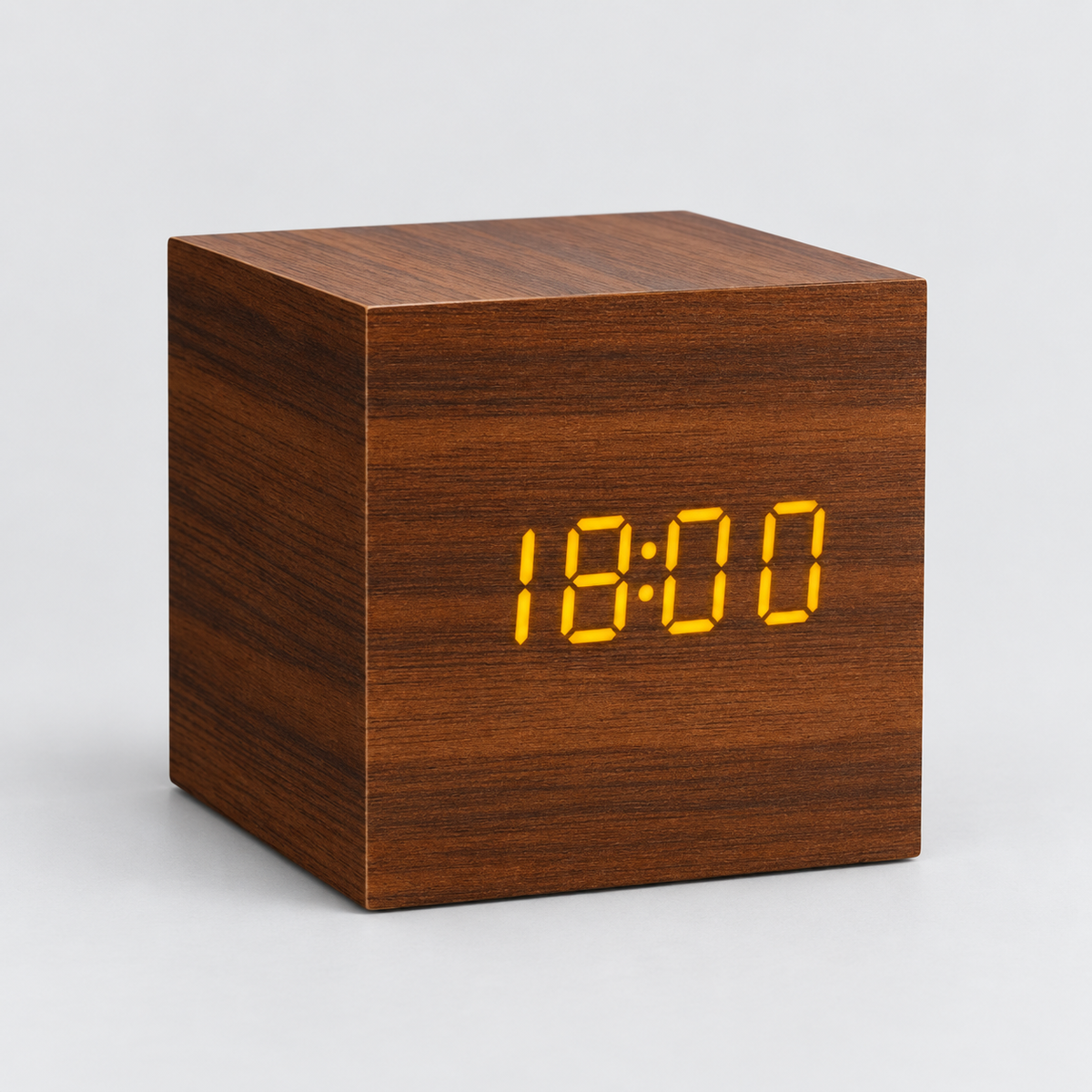 Lumo Cube LED alarm clock in Sienna wood finish with amber display