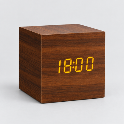 Lumo Cube LED alarm clock in Sienna wood finish with amber display
