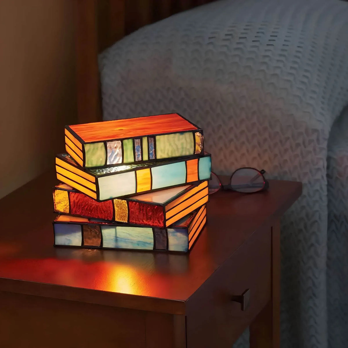 Stained Glass Book Lamp, Handmade Stacked Books Table Lamp, Gift for Book Lovers and Reading Nooks