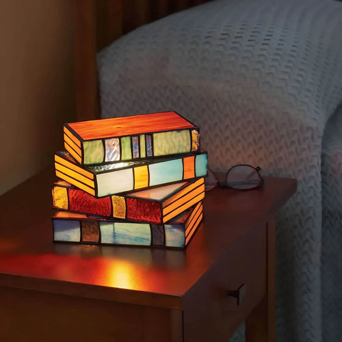 Stained Glass Book Lamp, Handmade Stacked Books Table Lamp, Gift for Book Lovers and Reading Nooks