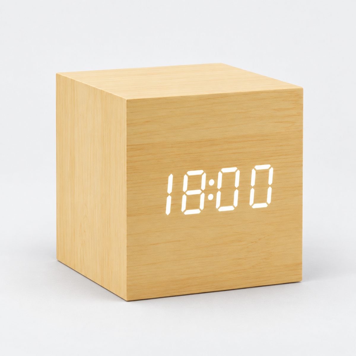 Lumo Cube LED alarm clock in Tan wood finish with white display
