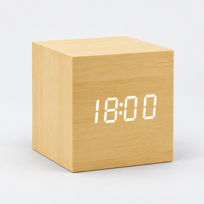 Lumo Cube LED alarm clock in Tan wood finish with white display