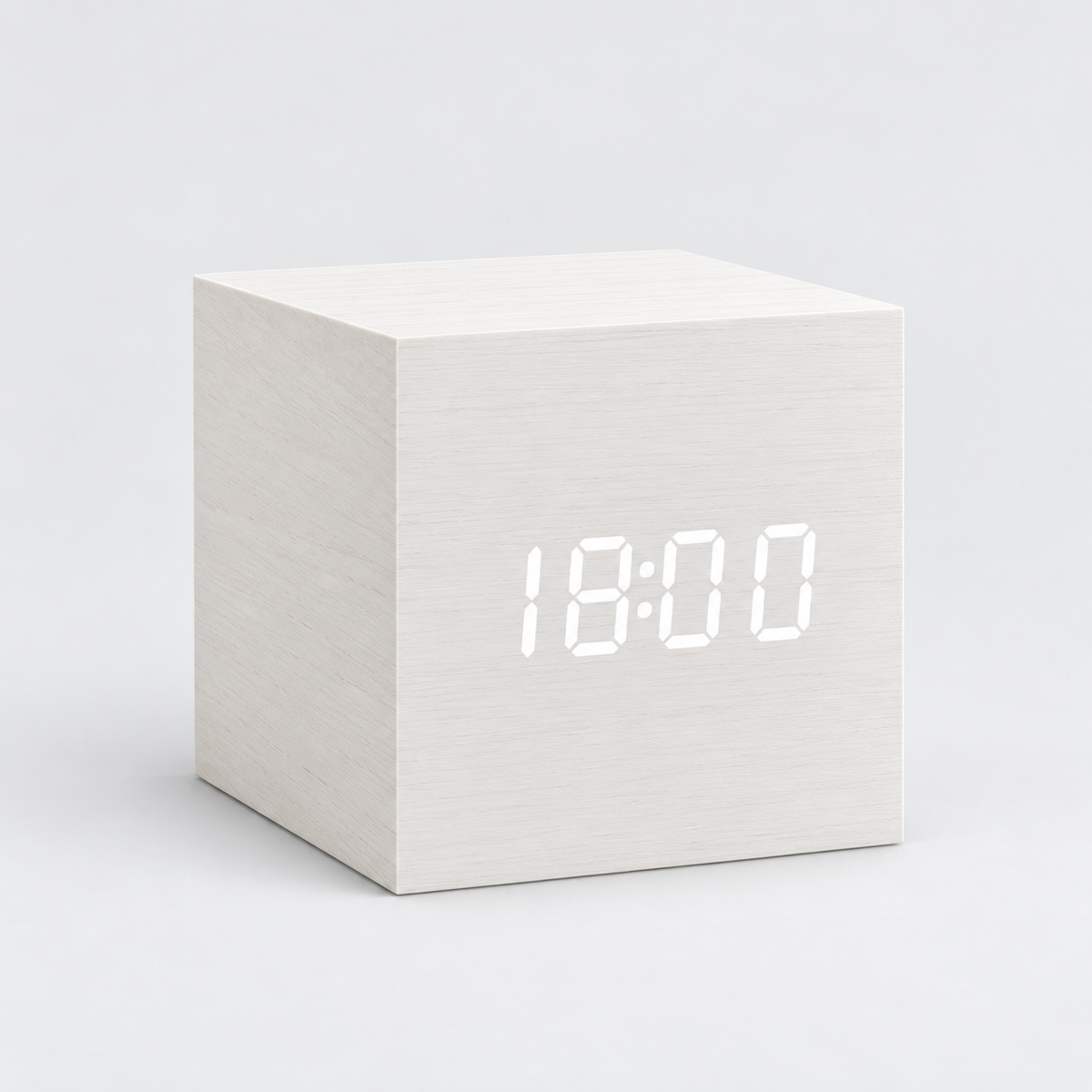Lumo Cube LED alarm clock in White wood finish with white display