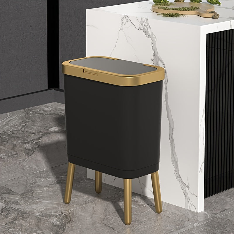 15L Slim Trash Can with Flip Lid and Gold Legs, Modern Raised Waste Bin for Kitchen, Bathroom and Bedroom