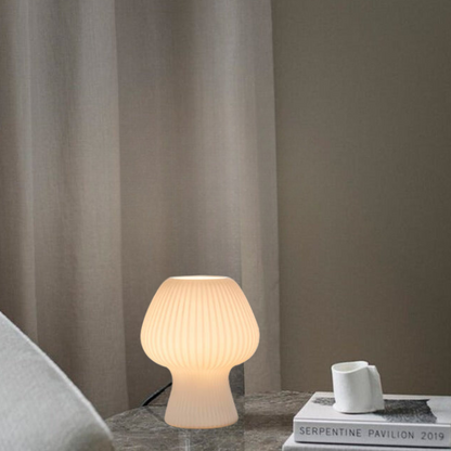 Vintage Ribbed Glass Mushroom Lamp, Dimmable LED Bedside Table Lamp in Mid Century Style