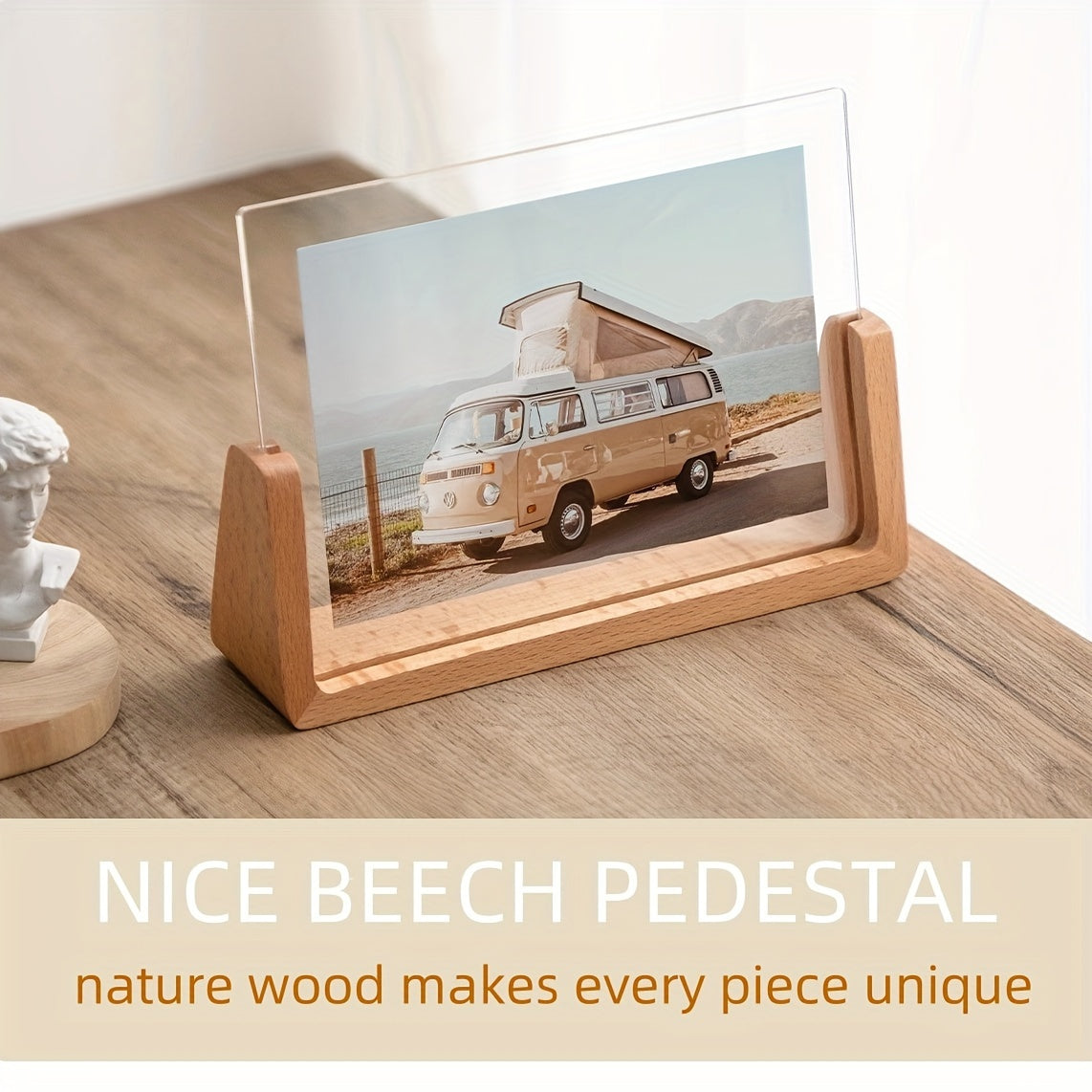 U Shaped Acrylic and Wood Photo Frame, Minimalist 6 Inch Tabletop Picture Frame, Horizontal or Vertical