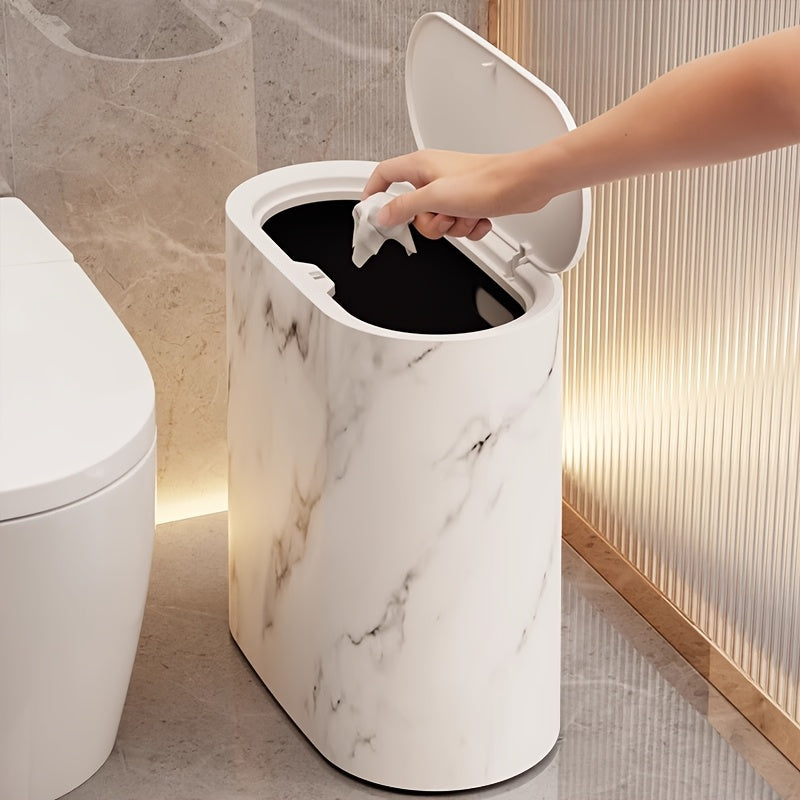 Marble Pattern Trash Can with Lid, Slim Oval Bathroom and Kitchen Bin for Small Spaces, 3 Colors
