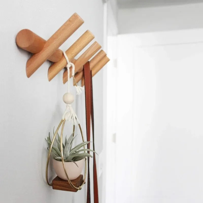 Solid Oak Wall Coat Rack with Wooden Pegs, Minimalist Entryway Hook Rack, 19.7 in