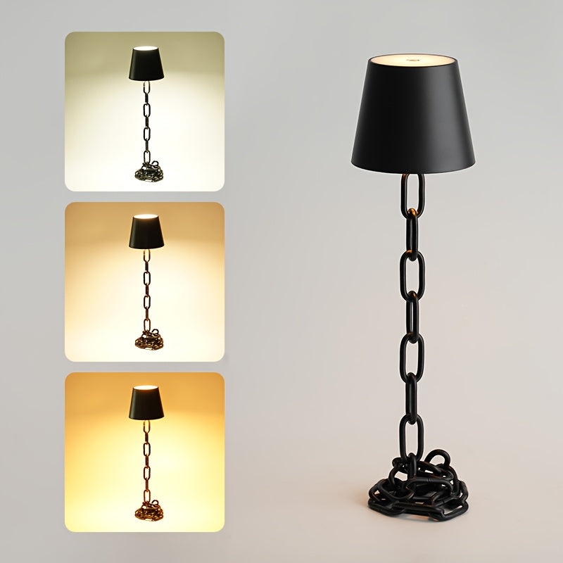 Modern Chain Link Table Lamp, Rechargeable Touch LED Lamp with USB C Charging, Matte Black Industrial Design
